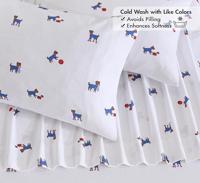 RUVANTI Flannel Sheets Twin XL Size - 100% Cotton Double Brushed Twin XL Sheet Sets, Deep Pockets 16 Inches, All Seasons Breathable & Extra Soft Bed Sheets, Warm & Cozy, 3 Piece, Puppy Playoff