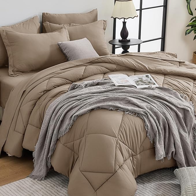 HEVUMYI Khaki Twin Comforter Set - 5-Piece All Season Bed in a Bag Twin, Ultra Soft Bedding Set with Comforter, Flat Sheet, Fitted Sheet, Pillowcases, Pillow Shams