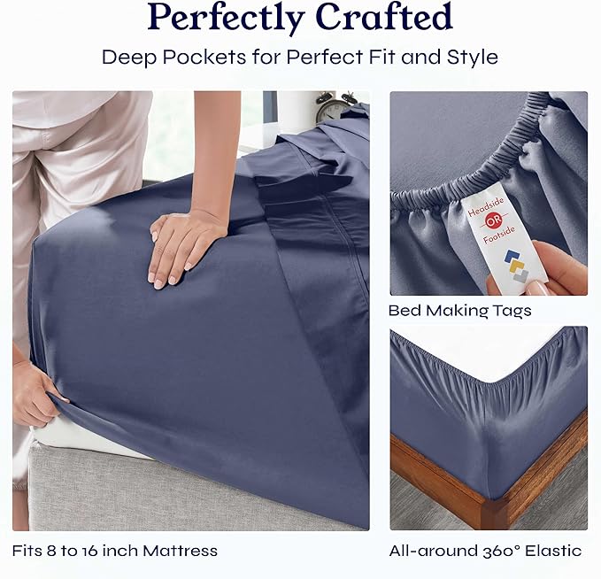 California Design Den King Bed Sheets Set - Soft 400 Thread Count Sateen, Natural 100% Cotton Sheets, Deep Pockets with All-Around Elastic, Cool & Durable Bedding Set - Indigo Dusty Blue