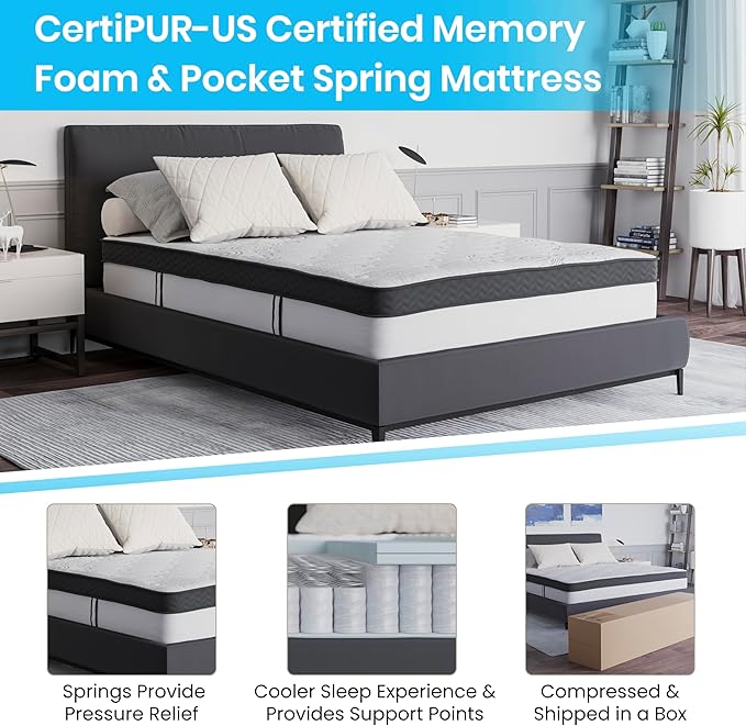 Flash Furniture Capri Comfortable Sleep 12 Inch CertiPUR-US Certified Memory Foam & Pocket Spring Mattress, Full Mattress in a Box White