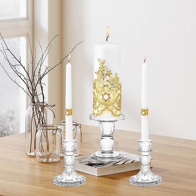 Unity Candle Holder - Glass Candle Holders for Pillar Candles Taper Candles, Glass Candlestick Holders Set of 3, Decorative Clear Glass Candlestick Holder for Wedding Table Dinning Church Centerpiece
