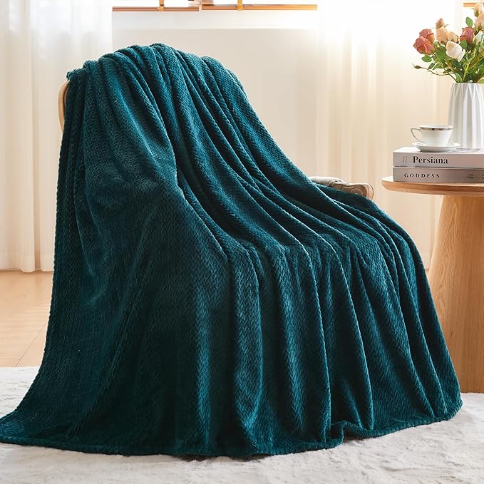 NEWCOSPLAY Super Soft King Blanket Dark Teal Premium Silky Flannel Fleece Leaves Pattern Lightweight Bed Blanket All Season Use (Dark Teal, King(90"x110"))