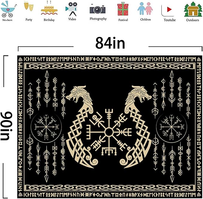 OSUNBD Nordic Vikings Tapestry, Large 8490 inches Soft Flannel, Vegvsir Symbol Twins Dragons Celtic Rune Scandinavian Aesthetic Mythology Tapestry Wall Hanging for Bedroom Living Room Decor