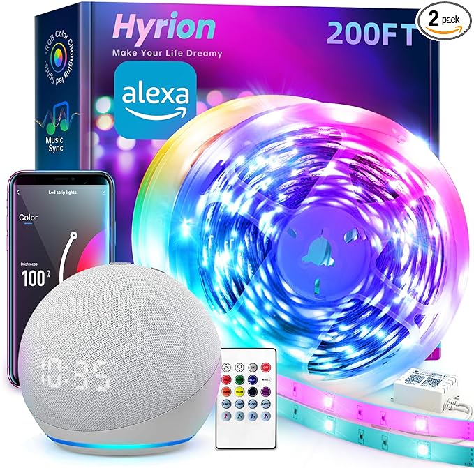 hyrion Smart LED Light Strips,200 ft WiFi LED Light,Sound Activated Color Changing with Alexa and Google,Sync Music with Tape Lighting for Bedroom for Living Room, Home Decor