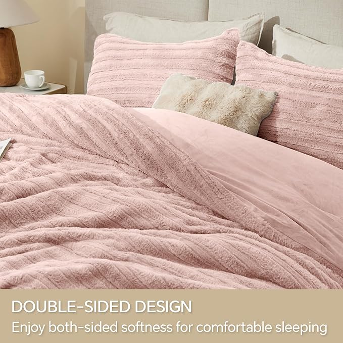 BEDELITE Fleece Queen Comforter Set -Super Soft & Warm Fluffy Pink Faux Fur Bedding, Luxury Fuzzy Heavy Bed Set for Winter with 2 Pillow Cases