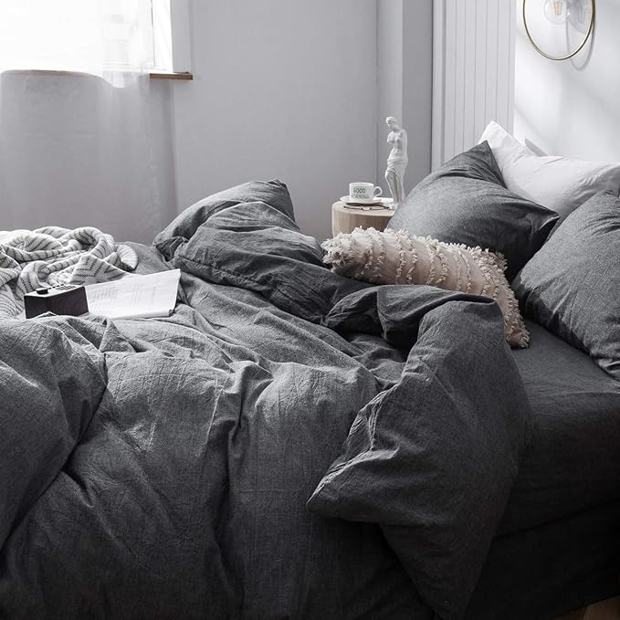 MooMee Bedding Duvet Cover Set 100% Washed Cotton Linen Like Textured Breathable Durable Soft Comfy (Heathered Dark Grey, King 104"x90")