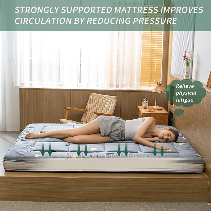 MAXYOYO Grey Triangle Futon Mattress, Padded Japanese Floor Mattress Quilted Bed Mattress Topper, Extra Thick Folding Sleeping Pad Breathable Floor Lounger Guest Bed for Camping Couch, Full