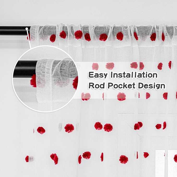 MYSKY HOME Pom Pom Curtains for Girls Bedroom 63 Inch Long Red Nursery Curains for Kids Room Sheer Curtains for Christmas Living Room Playroom Rod Pocket Window Drapes 52" x 63" Set of 2