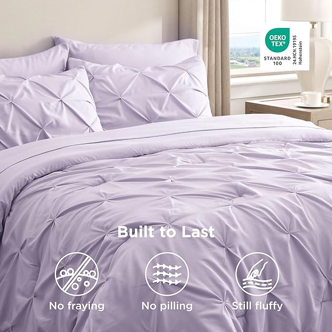 Bedsure California King Comforter Set Light Purple - Bed in a Bag Cal King Bedding Set 7 Pieces, GentleSoft™ Pintuck Bed Set Gift for Family, Pinch Pleat Comforter with Sheets, Pillowcases & Shams