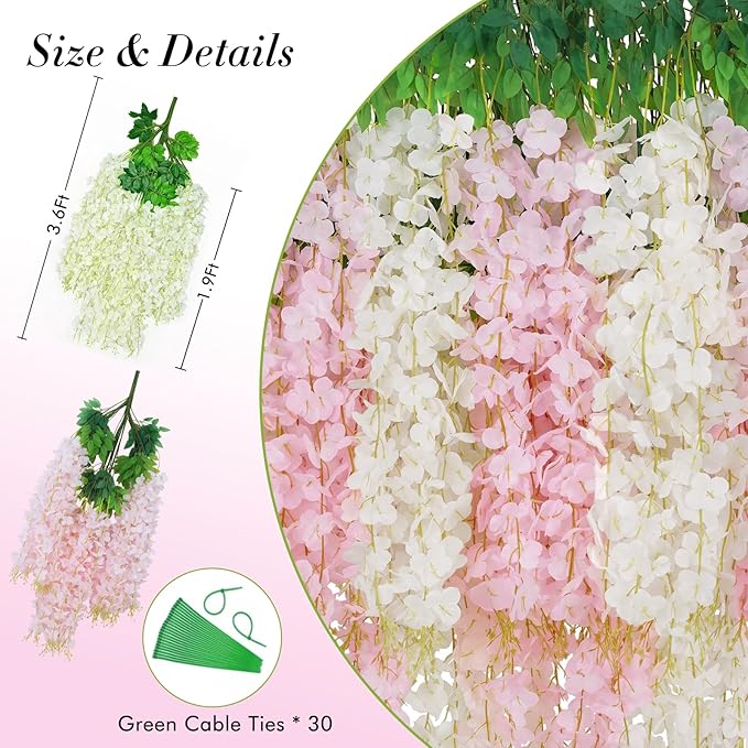 60 Pack White Pink Wisteria Hanging Flowers, Fake Hanging Flowers for Decoration, Artificial Flowers,Vines for Bedroom,Flower Garland for Home,Party,Garden, Wall,Wedding Decoration(3.6 Ft/Pcs)
