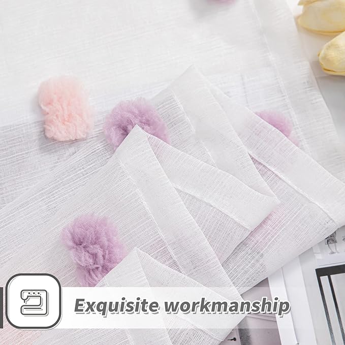 MYSKY HOME Rainbow Pom Pom Curtains for Bedroom, Living Room & Nursery - Set of 2, 63 Inch Length, Sheer, Rod Pocket, Farmhouse Style, 52 x 63 inch