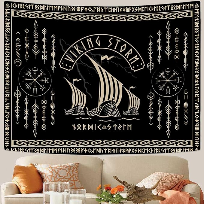 OSUNBD Viking Warship Tapestry Wall Hanging - Large 118x78 inches Storm & Celtic Runes on Soft Flannel Aesthetic Mythology Tapestries Norse Mythology Art for Bedroom, Living Room Decor