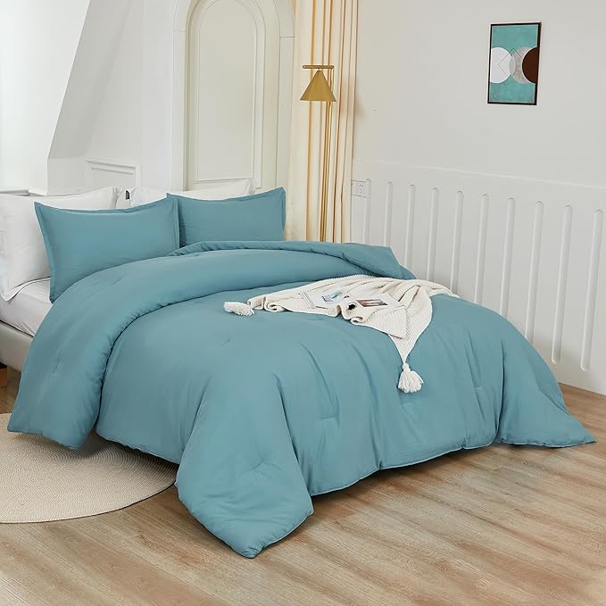 Litanika Grayish Teal Comforter Set California King Size, 3 Pieces Cal King Lightweight Solid Bedding Comforter Set, All Season Fluffy Bed Set (104x96In Comforter & 2 Pillowcases)