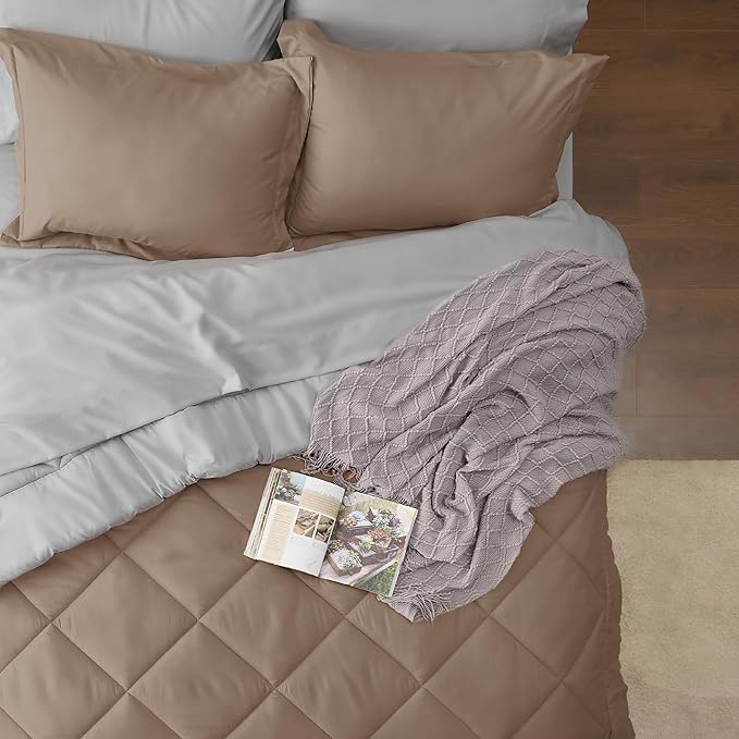 Bedsure Full Size Comforter Set - 7 Pieces Reversible Brown Bedding, Full Size Bed Set for All Seasons, Bed in a Bag with Down Alternative Comforter, Sheets, Pillowcases & Shams