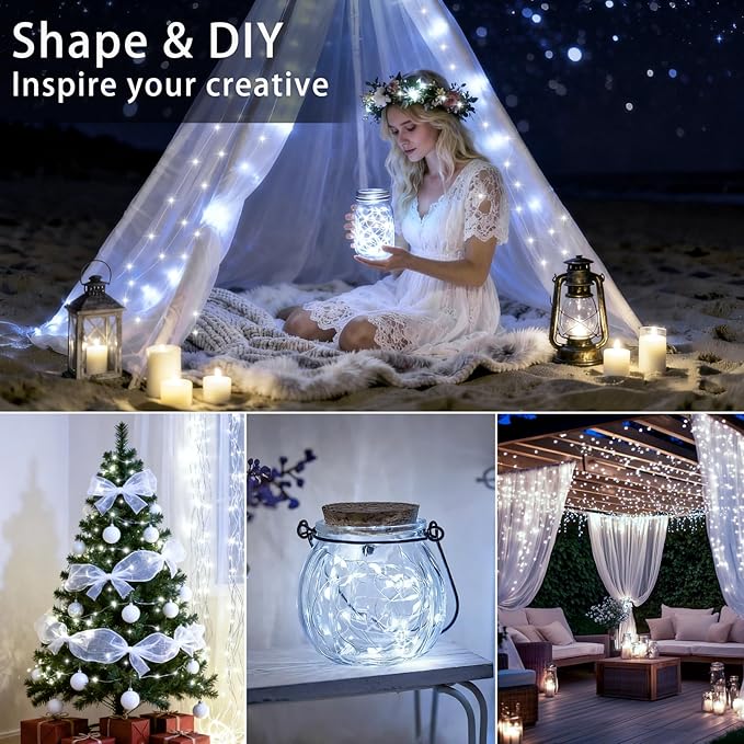 VOOKRY 32 Pcs Fairy Lights Battery Operated String Lights - 10 ft 30 LEDs Waterproof Silver Wire Mini Firefly Starry Moon Lights for DIY Crafts Wedding Party Table Centerpieces Christmas(Cool White)