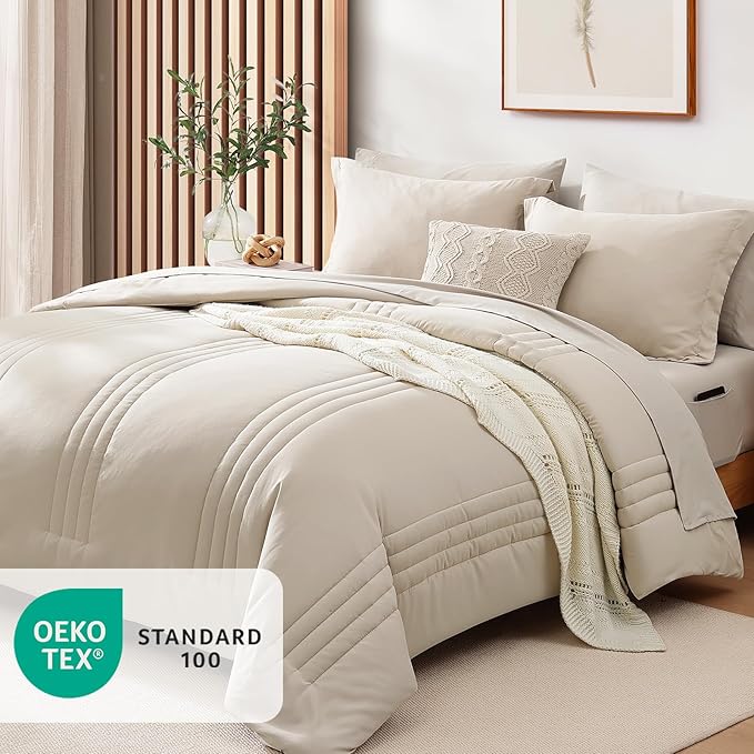 Monbix Full Size Comforter Set - 7 Pieces Beige Bed in a Bag Full Size Bedding Sets with Comforters, All Seasons Comforter with Sheets,Pillowcases & Shams