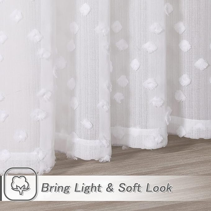 MYSKY HOME Pom Pom White Sheer Curtains for Bedroom Girls Room Curtains 63 inch Length for Nursery Kids Light Filtering Boho Window Drapes, Rod Pocket, 52" Wide, 2 Panels