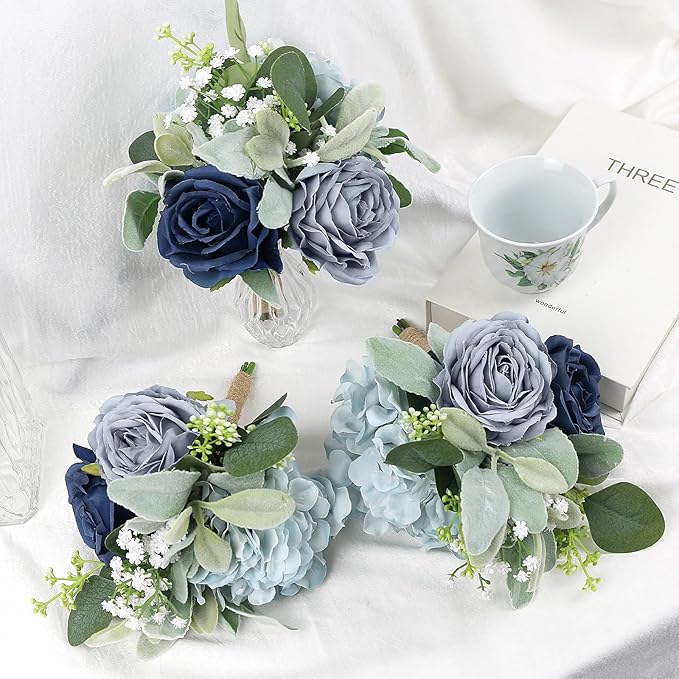 Artificial Bridesmaid Bouquets - Set of 4 Silk Rose Flowers Bouquet Wedding Rustic Small Floral Centerpieces for Marriage Proposal Party Anniversary Dining Table Decorations - Blue,7 Inch