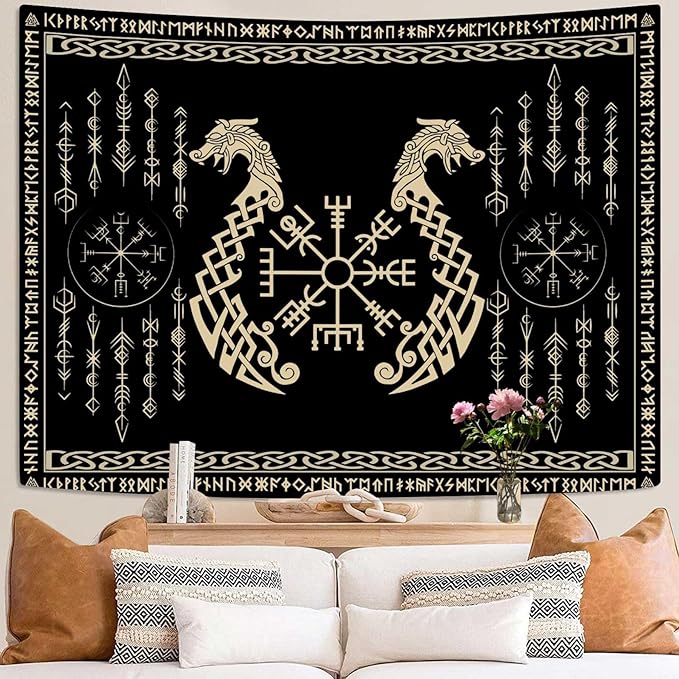 OSUNBD Nordic Vikings Tapestry, Small 7047 inches Soft Flannel, Vegvsir Symbol Twins Dragons Celtic Rune Scandinavian Aesthetic Mythology Tapestry Wall Hanging for Bedroom Living Room Decor