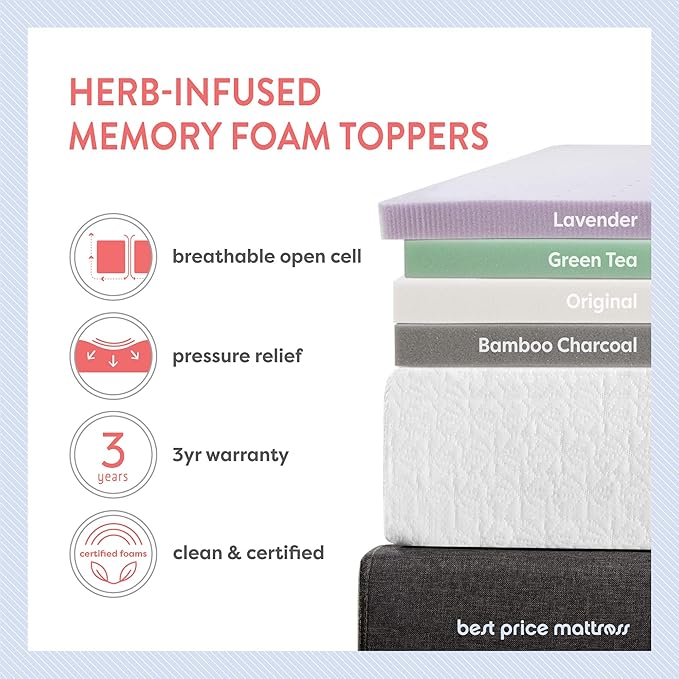 Best Price Mattress 4 Inch Ventilated Memory Foam Mattress Topper with Calming Green Tea Infusion, CertiPUR-US Certified, Twin, 4" Green Tea