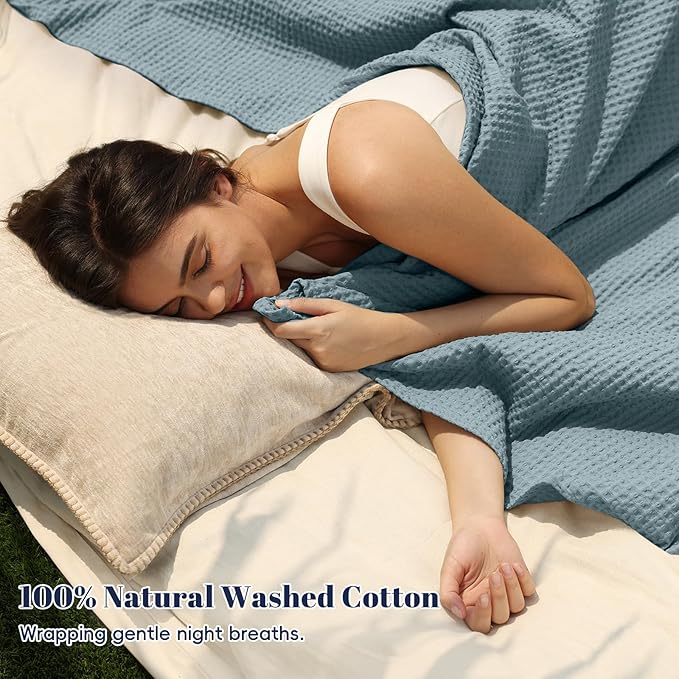 PHF 100% Cotton Waffle Weave Blanket Twin Size for Bed,Snag Proof Lightweight Breathable Moisture-Wicking Throw for Couch,Great for Layering in Cold Weather,Machine Washable,Home Decor Gift-Ocean