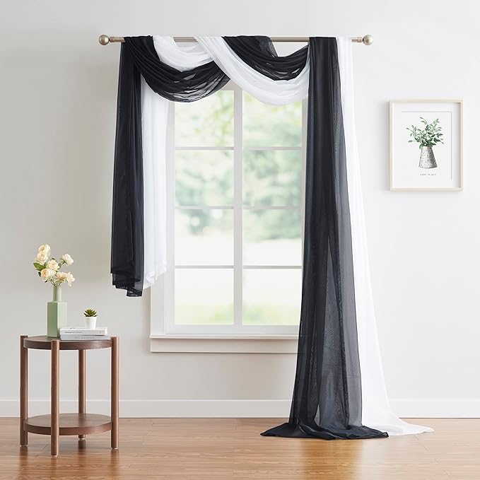 Warm Home Designs 24 Feet Long Sheer Black Window Scarf. These Extra Long Length Valance Window Scarves are 54 X 288 Inches in Size. Great as Bed Canopy or Wedding Arch Draping Fabric. AM Black 288"