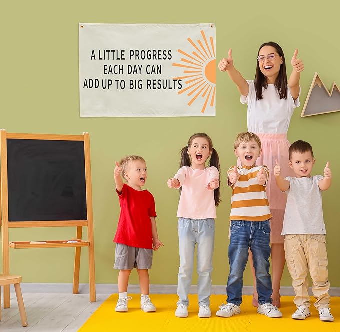 Mental Health Inspirational Rectangular Banner-Positive Affirmation Flag for Kids Teen Counselor Teacher,Classroom Therapy Office Homeschool Reading Room Wall Decor-A Little Progress Each