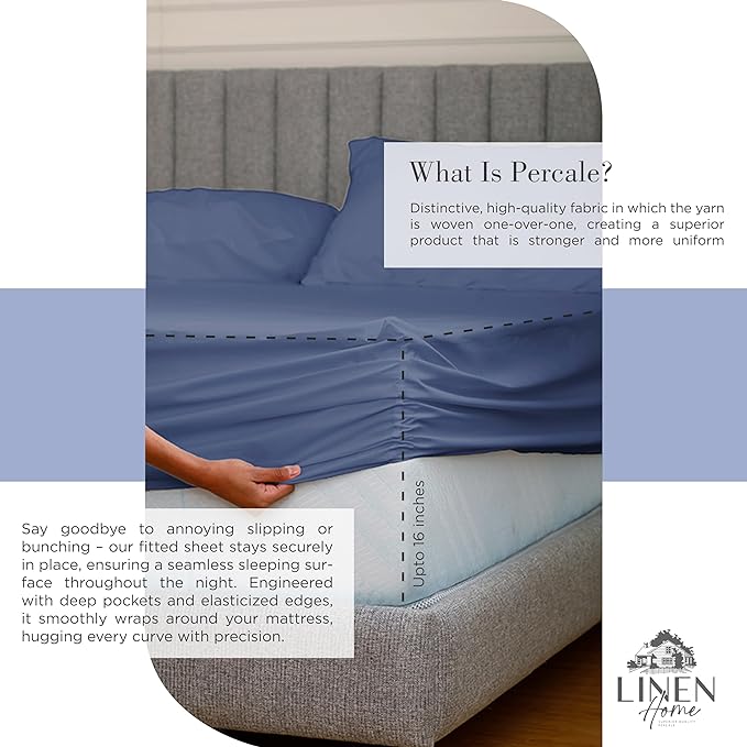 Linen Home 100% Cotton Percale Sheets King Size, Dark Blue, Deep Pocket, 4 Pieces Set - 1 Flat, 1 Deep Pocket Fitted Sheet and 2 Pillowcases, Crisp Cool and Strong Bed Linen