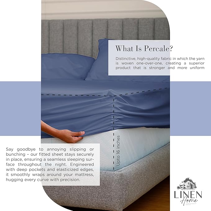 Linen Home 100% Cotton Percale Sheets Full Size, Dark Blue, Deep Pocket, 4 Pieces Set - 1 Flat, 1 Deep Pocket Fitted Sheet and 2 Pillowcases, Crisp Cool and Strong Bed Linen