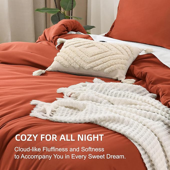 Litanika Boho Comforter Full Size Set Burnt Orange, 3 Pieces Fall Solid Terracotta Lightweight Bedding Comforter Set, Rust Fluffy Winter Quilted Blanket Set (79x90In Comforter & 2 Pillowcases)