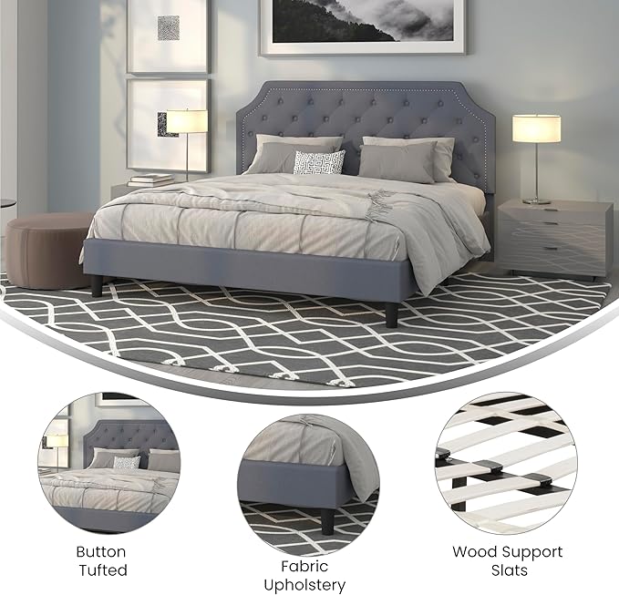 Flash Furniture Brighton King Size Tufted Upholstered Platform Bed in Light Gray Fabric