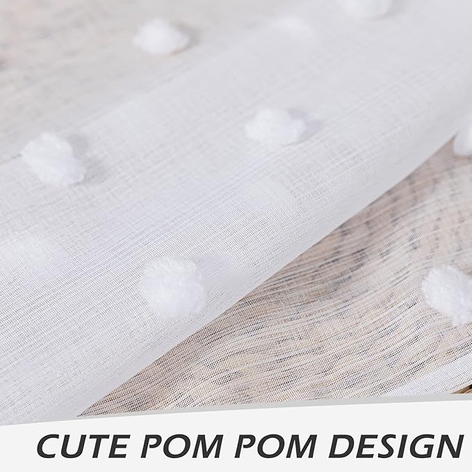 MYSKY HOME Kitchen Curtains 54 Inches Long Small Window Curtains for Bathroom Cafe Bedroom White Pom Pom Curtains for Nursery Boys Room Rod Pocket 2 Pieces Drapes 52 x 54 inch Length