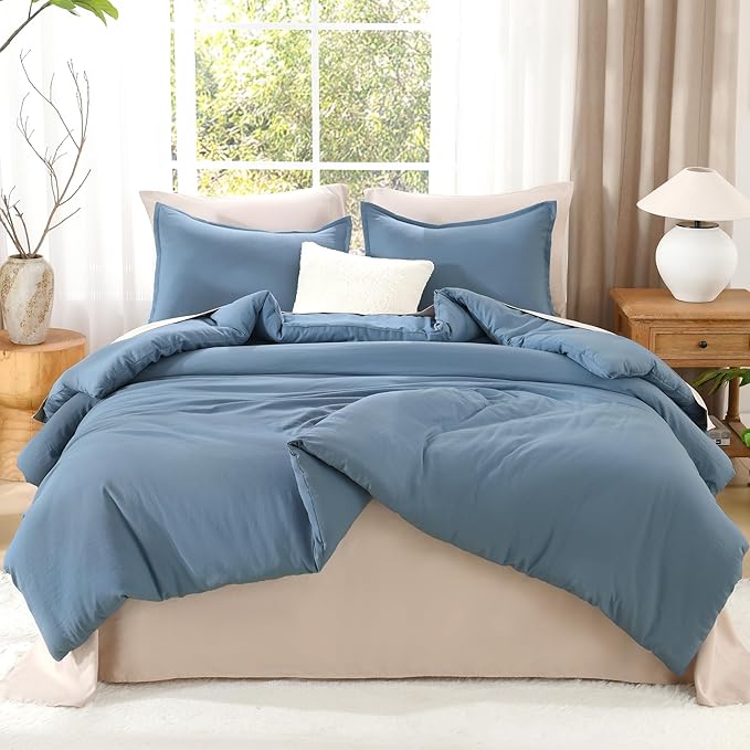 Litanika Oversized King Comforter Set Grayish Blue Super King Plus Size, 3 Pieces Lightweight Solid Bedding Comforter Set, All Season Fluffy Bed Set (128x120In Comforter & 2 Pillowcases)