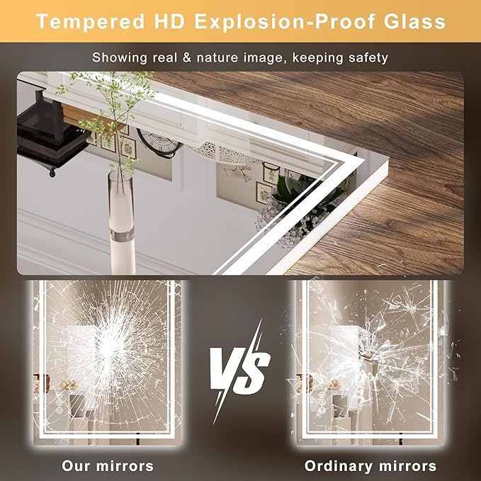 48''x30'' Lighted Mirrors for Bathroom Wall Backlit + Front Lit, Rectangular LED Bathroom Mirror Frameless with Lights Anti Fog, Dimmable, 3 Colors,Tempered Glass, Shatter-Proof
