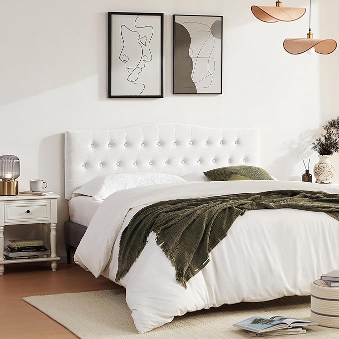 Tufted Upholstered Headboard Twin Size, Sturdy and Durable Solid Wood Twin XL headboard, Fabric Headboard Adjustable Height from 37” to 51”, Modern Button Diamond Design Head Board, White