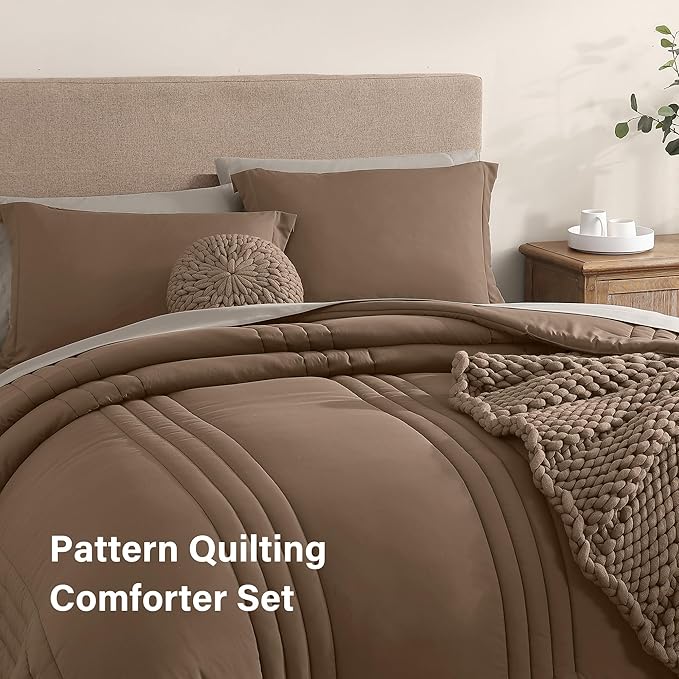 Monbix Oversized Queen Comforter Set - 7 Pieces Brown Bed in a Bag Queen Bedding Sets with Comforters, All Seasons Down Alternative Comforter Bed Set with Sheets,Pillowcases & Shams