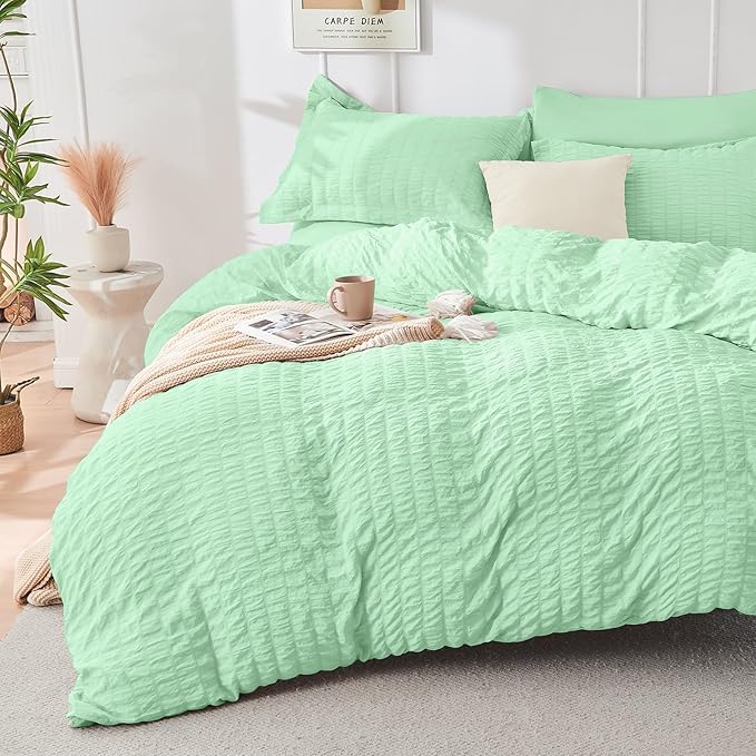 HYMOKEGE Mint Green Full Size Comforter Sets Seersucker 7 Pieces, All Season Luxury Bed in a Bag for Bedroom, Bedding Set with Comforter, Sheets, Pillowcases & Shams