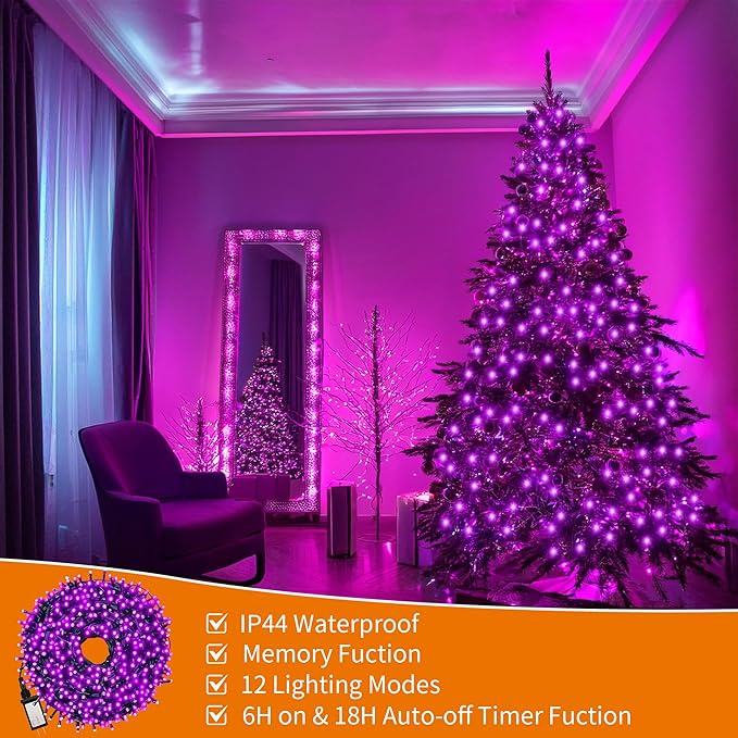 RPGT Christmas Tree Light 500 LEDs 172ft Green Cable Wire Low Voltage Fairy String Twinkle Lights Waterproof 12 Modes for Party, Halloween, Outdoor, Garden, Wedding, Home Decoration (Purple)