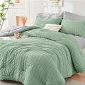 HYMOKEGE Sage Green/Light Grey California King Comforter Set Seersucker 7 Pieces, All Season Luxury Bed in a Bag for Bedroom, Bedding Set with Comforter, Sheets, Pillowcases & Shams