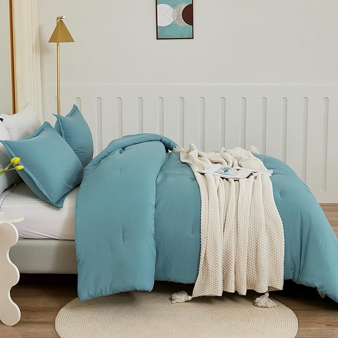 Litanika Oversized King Comforters Grayish Teal Super King Size, 3 Pieces Lightweight Solid Bedding Comforter Set, All Season Fluffy Bed Set (120x120In Comforter & 2 Pillowcases)
