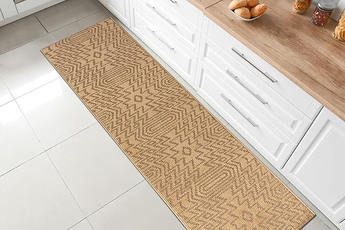Custom Length Cut to Size Tribal Ethnic Southwestern Inspired Hallway Runner Rug, Non Slip Rubber Backed, 31 inch Wide X Customized Length, Inca Tan, 31 inch X 14 feet