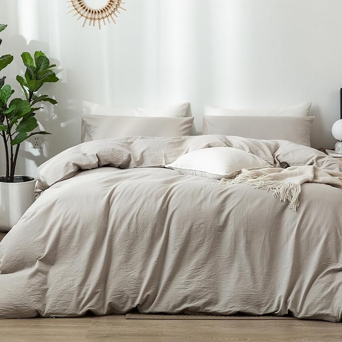 MooMee Bedding Duvet Cover Set 100% Washed Cotton Linen Like Textured Breathable Durable Soft Comfy (Heathered Cream Grey, Super Queen 90"x98")