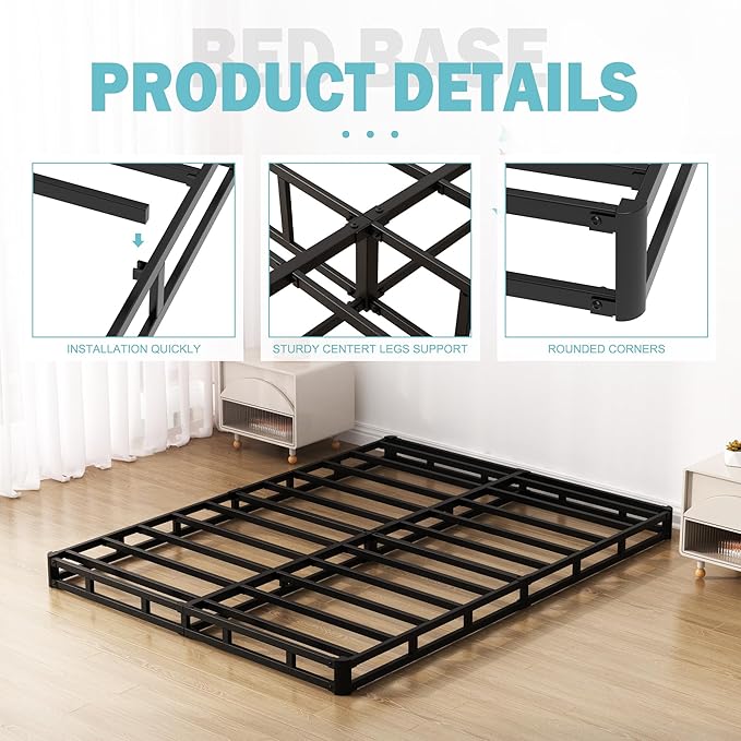 Full Size Box Spring Bed Base 6 Inch, Low Profile Metal Boxspring Full Size with Fabric Cover, 3000 Lbs Max Weight Capacity Mattress Foundation, Noise-Free, Easy Assembly