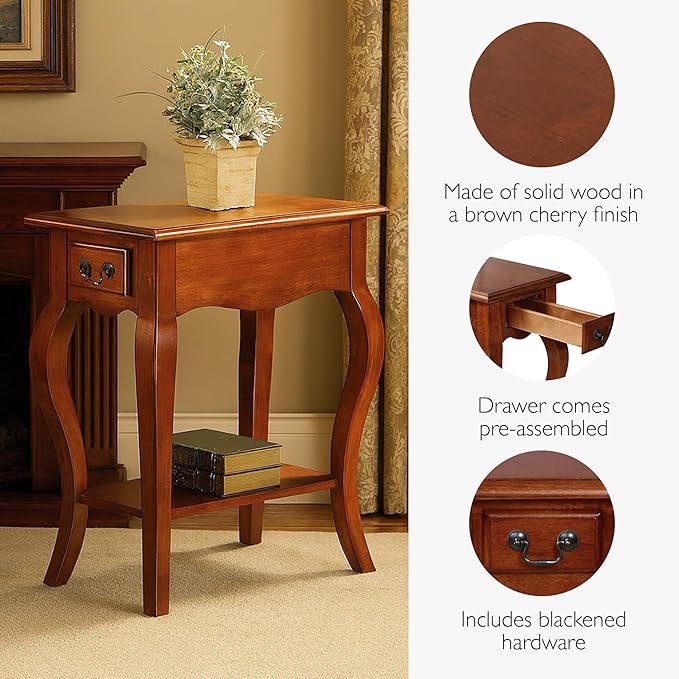 Leick Home Side Table, One Drawer, French Cabriole Leg, Shelf, Solid Poplar, Brown Cherry Finish, 12.5 in W x 23.5 in D x 24 in H, 9018-BR