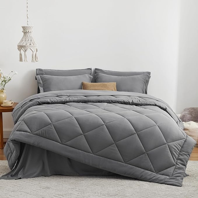 Love's cabin King Size Comforter Set Grey, 7 Pieces King Bed in a Bag, All Season Bedding Sets with 1 Comforter, 1 Flat Sheet, 1 Fitted Sheet, 2 Pillowcase and 2 Pillow Sham