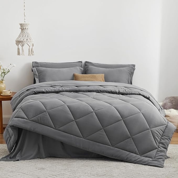 Love's cabin Twin Comforter Set Grey, 5 Pieces Twin Bed in a Bag, All Season Bedding Sets with 1 Comforter, 1 Flat Sheet, 1 Fitted Sheet, 1 Pillowcase and 1 Pillow Sham