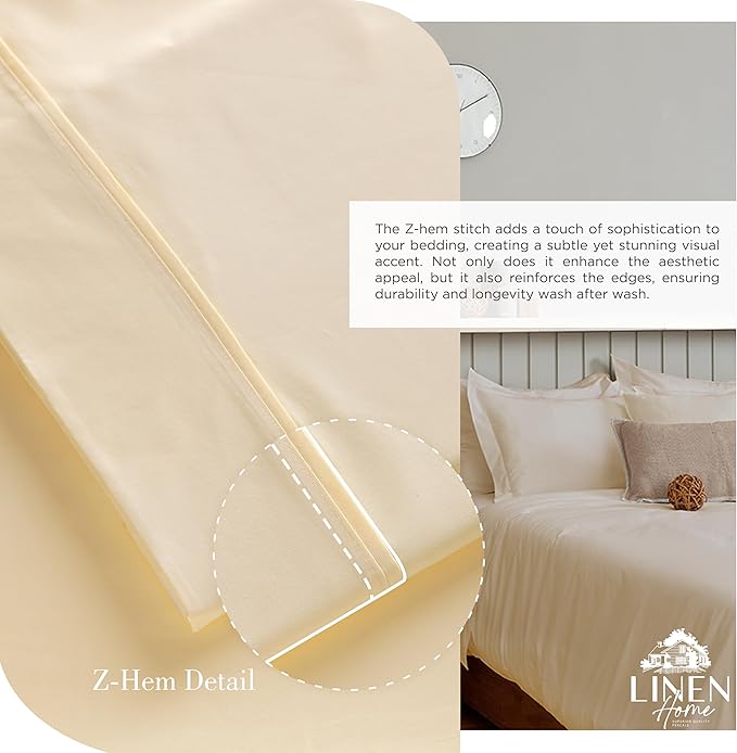 Linen Home 100% Cotton Percale Sheets Twin Size, Ivory, Deep Pocket, 3 Pieces Set - 1 Flat, 1 Deep Pocket Fitted Sheet and 1 Pillowcase, Crisp Cool and Strong Bed Linen