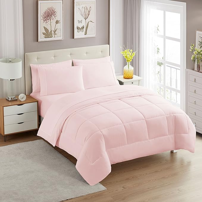 King Size Comforter Set with Sheets - 7-Piece Bedding Collection - 1 Comforter, 1 Fitted Sheet, 1 Flat, 4 Pillowcases - Deep Pocket - Soft & Premium Quality - Ideal for All Seasons, Pale Pink