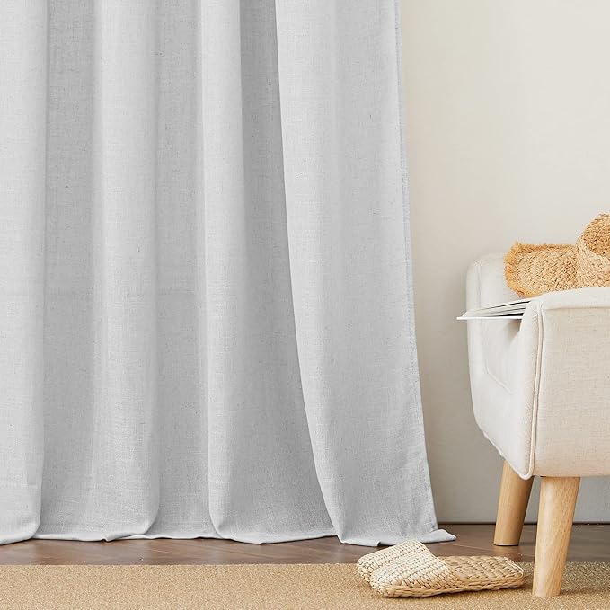 RYB HOME Linen Sheer Curtains - Farmhouse Privacy Semi Sheer Window Curtains for Living Room Bedroom Bathroom, Dove Gray, Wide 52 x Long 90, 1 Pair