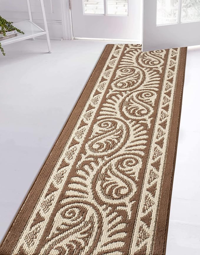Custom Length Cut to Size Tribal Ethnic Southwestern Inspired Hallway Runner Rug, Non Slip Rubber Backed, 31 inch Wide X Customized Length, Mayan Brown, 31 inch X 7 feet
